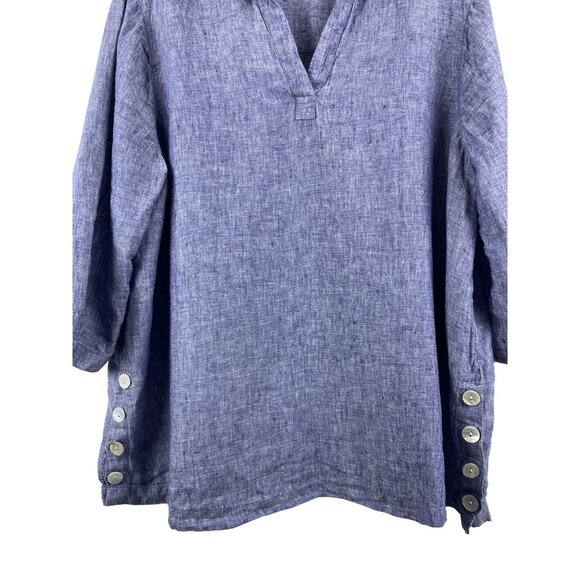 Tahari Women's 2X Plus Size 100% linen Button Detail V-Neck Lagenlook Tunic BLue - Picture 2 of 9